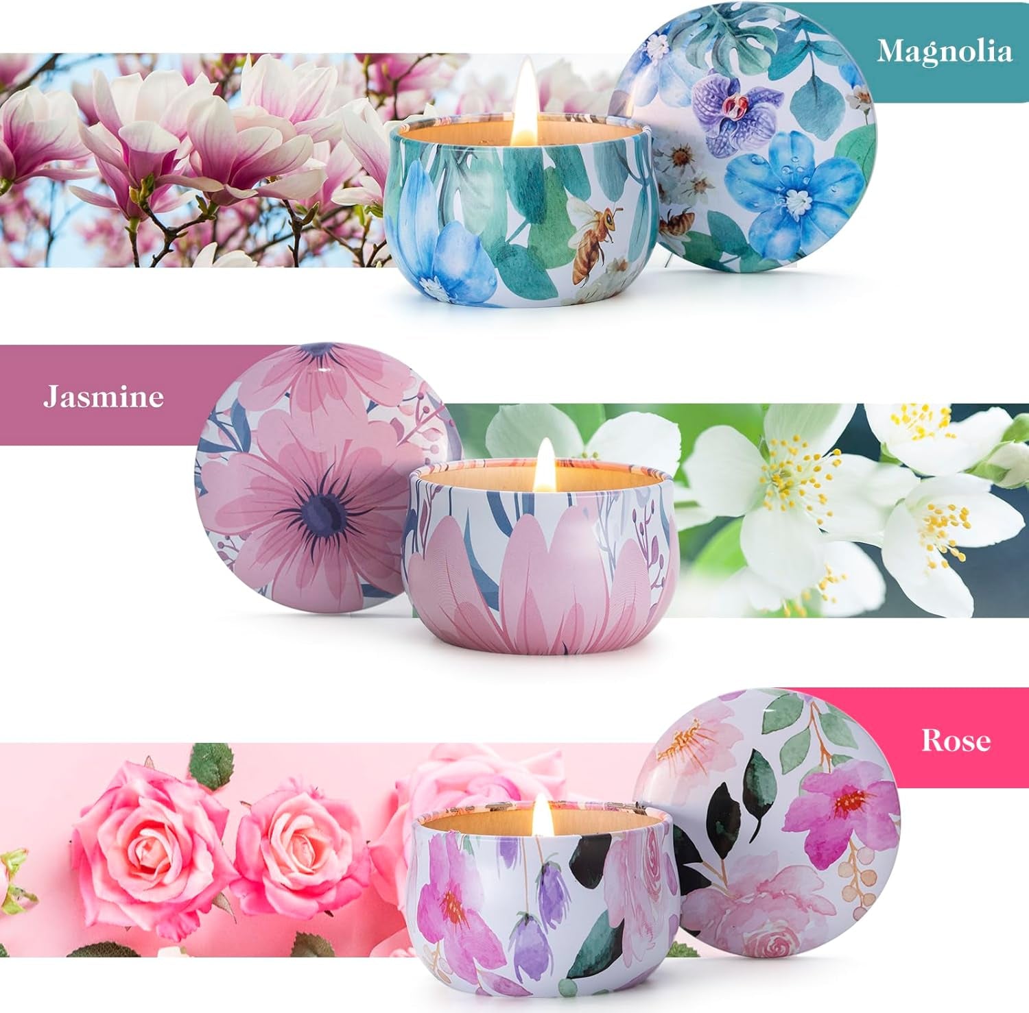 3 Pack Scented Candles, 2.5 Oz Aromatherapy Candles with Floral Scents,Soy Candles Set with 72H Burning Time,Ideal Gift for Women(Magnolia+Jasmine+Rose)