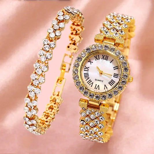 Womens Gold Diamond Watch + Bracelet