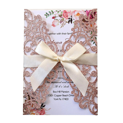 10pcs Glitter Invitation Card With Ribbon Greeting Cards Wedding Mariage Invite Party Baptism Bar Mitzvah Party Decoration