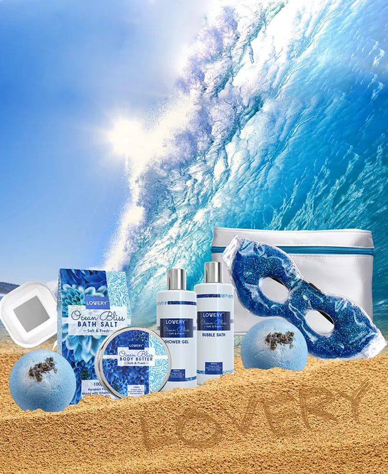 Ocean Bliss Body Care Gift Set, Bath and Shower Essentials with Cosmetic Bag, 9 Piece